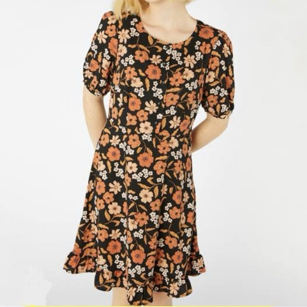 Princess Highway Kayla Dark Floral Dress Brown Ruffle Puff Sleeve NWT-10